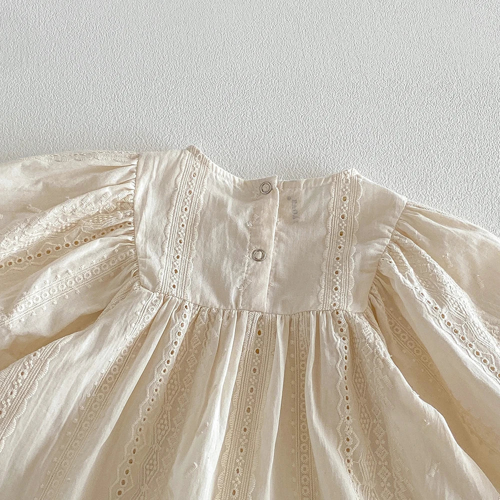New Autumn Toddlers Girls Lace Embroidery Blouses Puff Sleeve Ruched Tops Baby Kids Floral Loose Shirts Fall Children Clothing