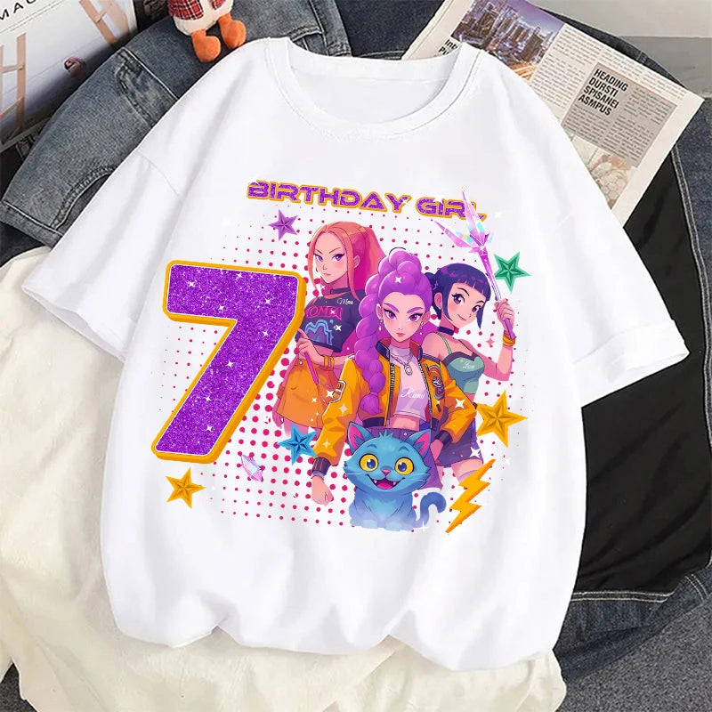 Cute Hunter Theme Girls T-Shirt Kids Music Fan Cartoon Print Birthday Tee Summer Casual Top Kawaii Gift for Kids Clothing