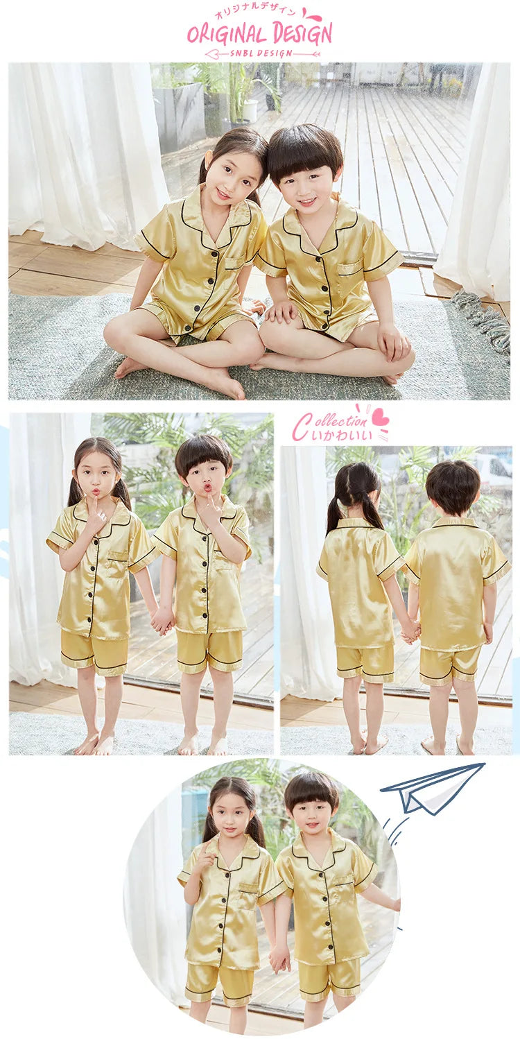 2024 Children Pajamas Sets Satin Silk Boy Pijama Toddler Girl Pyjama Navy Blue Night Clothing Kids Lounge Wear Summer Short Pjs