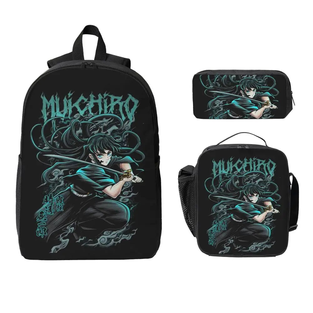 Muichiro Tokito Demon Slayer Backpack Boys Girls BookBag School Bag Laptop Shoulder Bags 3ps Insulated Lunch Bag Pencil Case