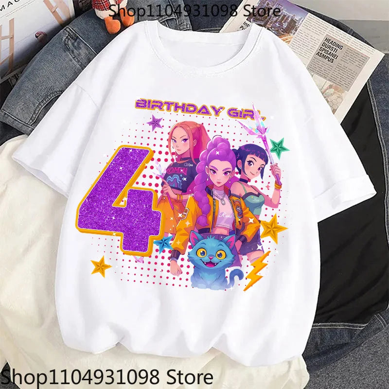Cute Hunter Theme Girls T-Shirt Kids Music Fan Cartoon Print Birthday Tee Summer Casual Top Kawaii Gift for Kids Clothing