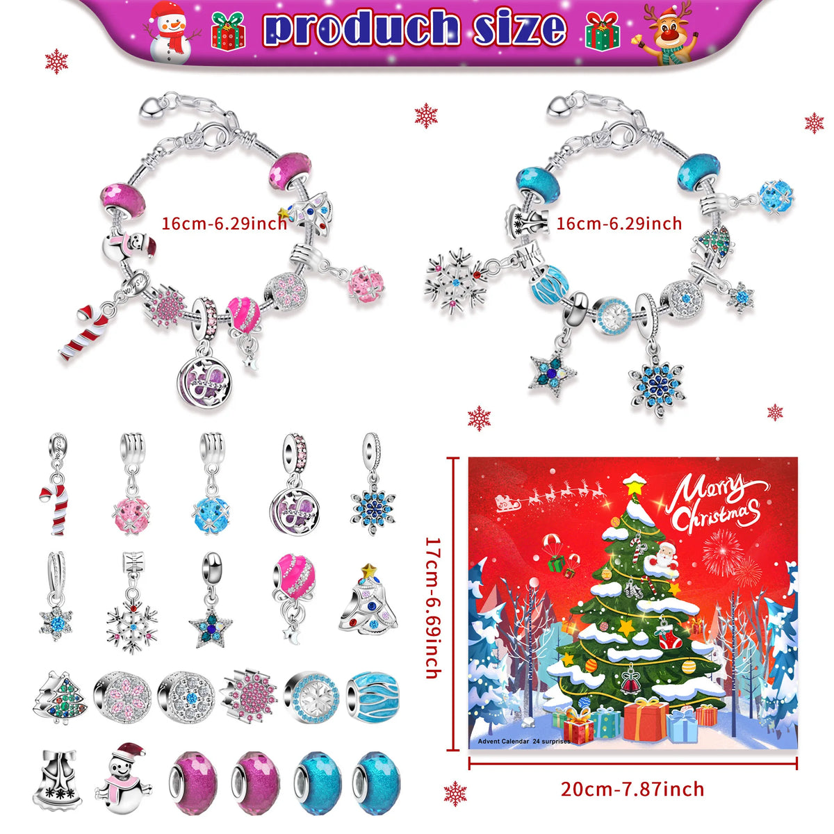 Christmas Advent Calendar 24 Grids Alloy Charm Bracelet Set Holiday Countdown Jewelry Beads Christmas New Year Surprise Gift Box