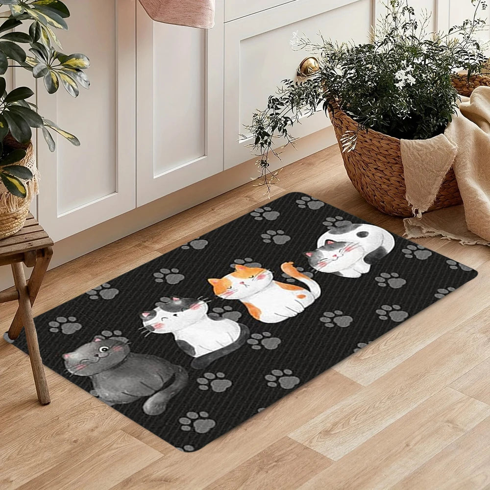 Adorable Cartoon Cat Carpet Mat Rug, Cute & Charming Home Decoration with Black Tone for Living Room Bedroom Home Rug