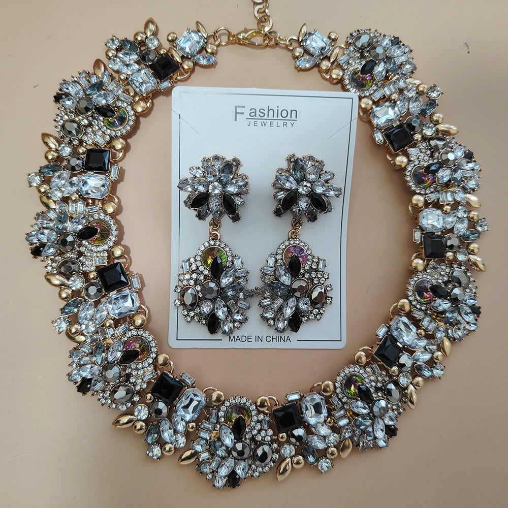 Elegant Jewellery Gifts for Her Women's Vintage Statement Earrings and Large Crystal Rhinestone Choker Necklace Jewelry Set