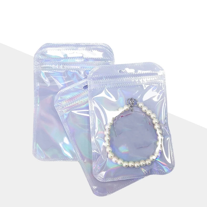 50pcs Holographic Zipper Small Jewelry Bag Pouch For Bead Earring Food Storage Small Business Entrepreneurship Packaging Display