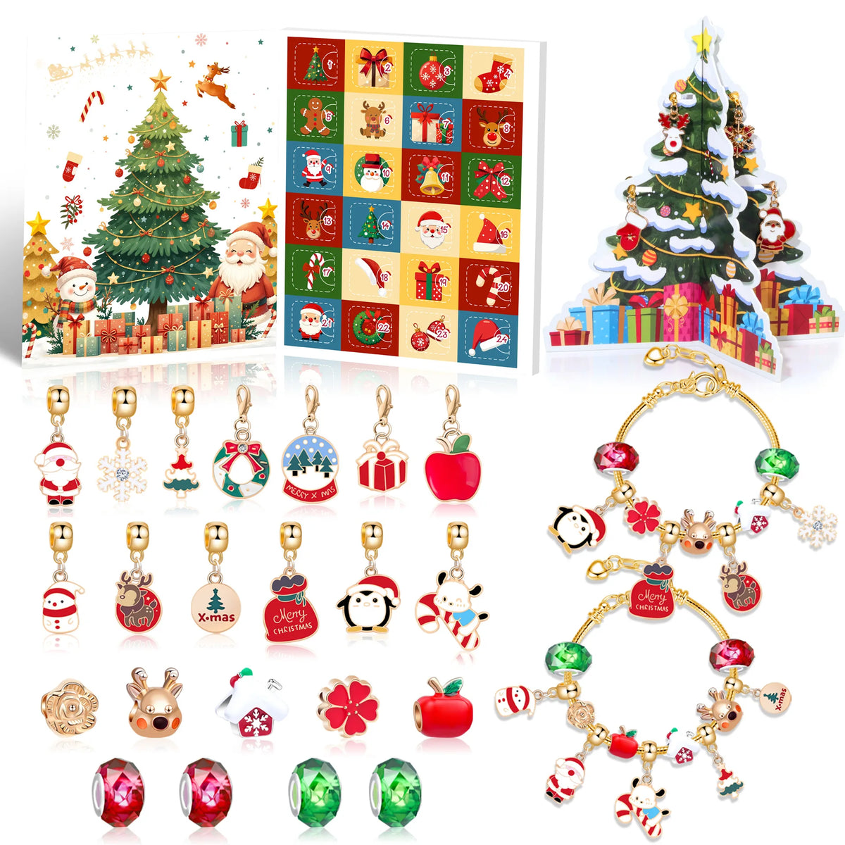 Christmas Advent Calendar 24 Grids Alloy Charm Bracelet Set Holiday Countdown Jewelry Beads Christmas New Year Surprise Gift Box