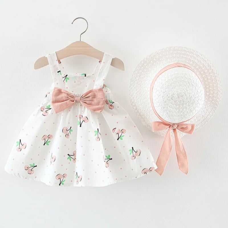 Baby Girl Dress Summer Cotton Bow Cherry Polka Dot Suspender Girls Dresses Cute Casual Beach Baby Girl Clothing