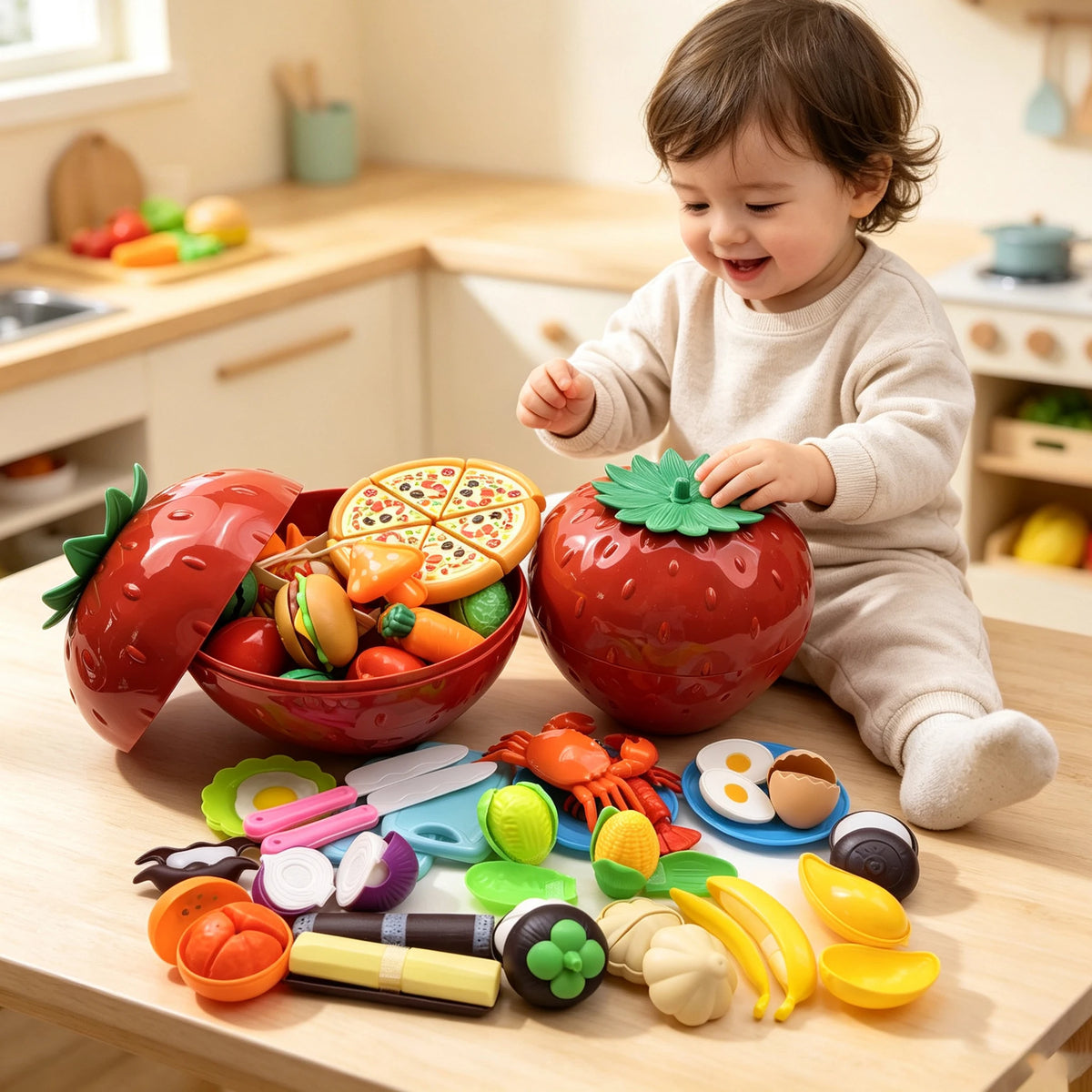 Kids Kitchen Pretend Toys Cutting Play Food Toy for Fruit Vegetables with Storage Box Early Educational Toy for Boys Girls Gifts