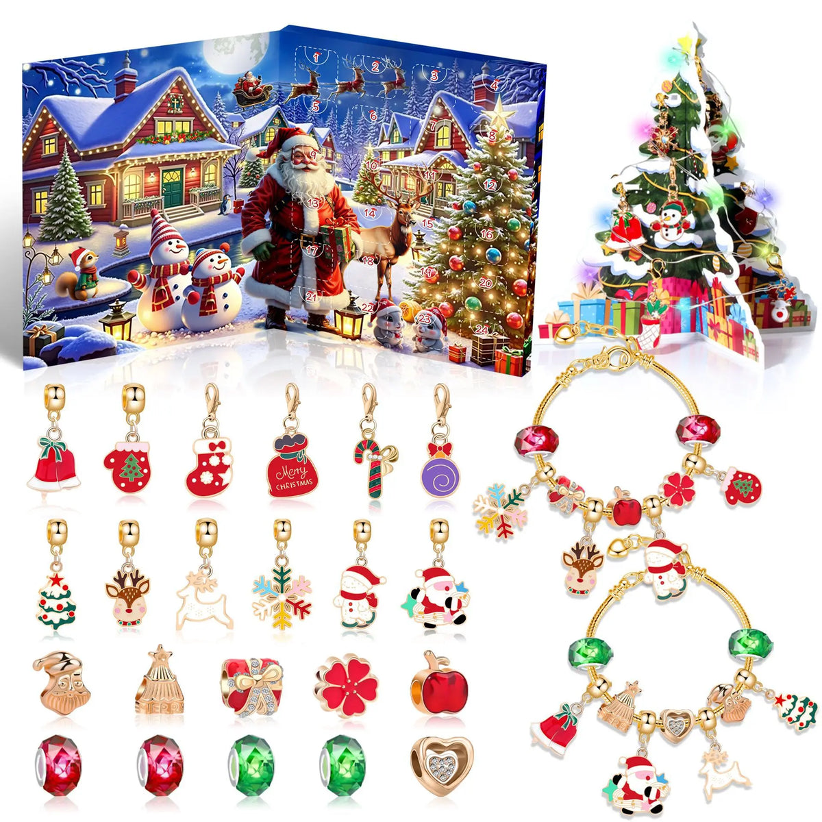 Christmas Advent Calendar 24 Grids Alloy Charm Bracelet Set Holiday Countdown Jewelry Beads Christmas New Year Surprise Gift Box