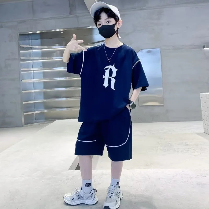 Boys Loose Casual Clothing Sets Summer Big Kids Sportwear Suits Short Sleeve Tops+Shorts 2Pcs Children Fashion Outfits 5-14 Year