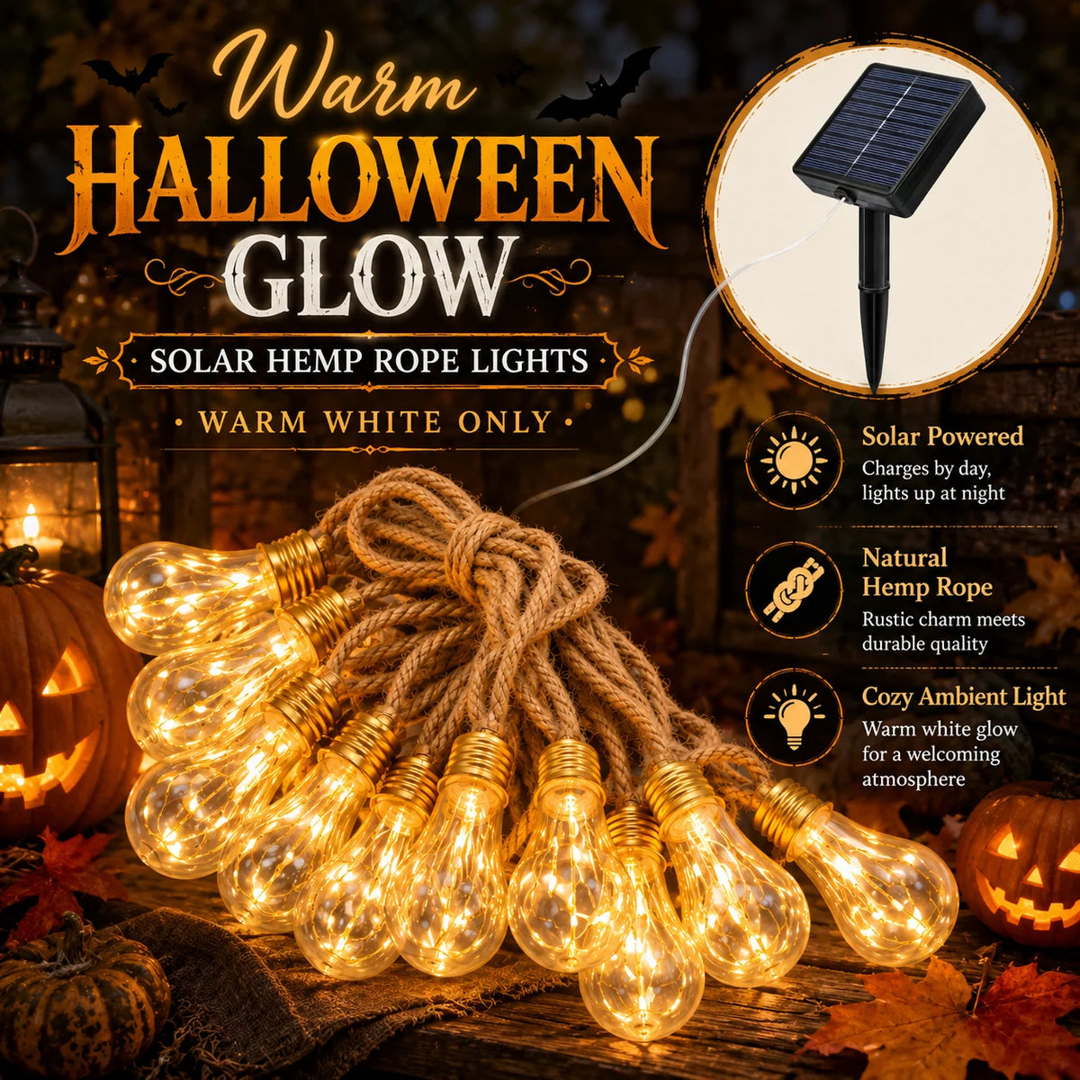 Solar String Lights Hemp Rope Edison Bulb Fairy Lights Solar Powered Warm White for Garden Patio Porch Yard Halloween Decor