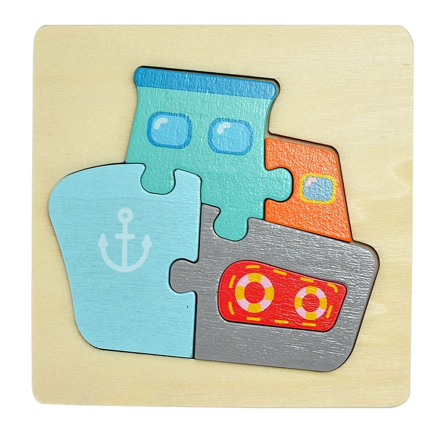 3D Puzzle Montessori Wooden Toys For Cartoon Animal Vehicle Wood Jigsaw Kids Baby Early Educational Learning Puzzles Bricks