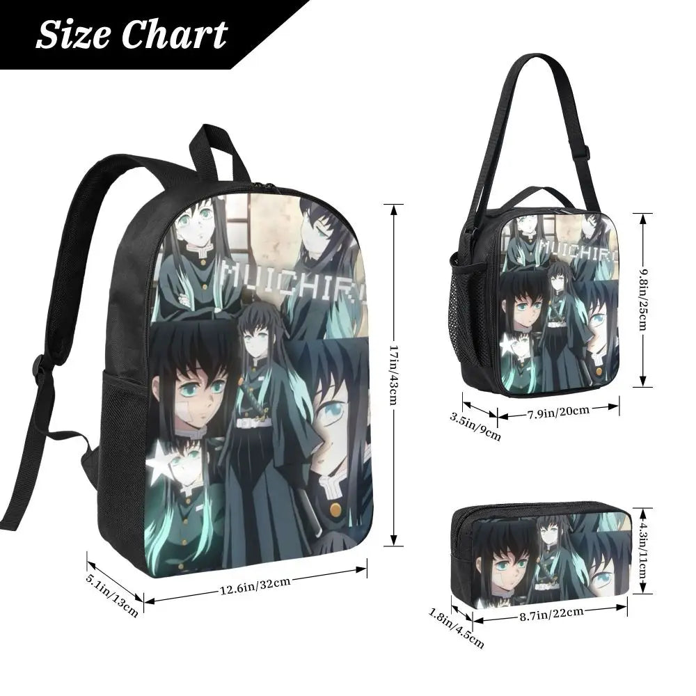 Muichiro Tokito Demon Slayer Backpack Boys Girls BookBag School Bag Laptop Shoulder Bags 3ps Insulated Lunch Bag Pencil Case