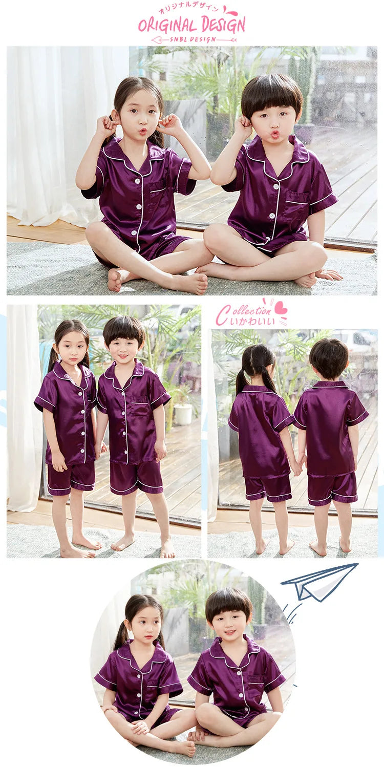 2024 Children Pajamas Sets Satin Silk Boy Pijama Toddler Girl Pyjama Navy Blue Night Clothing Kids Lounge Wear Summer Short Pjs