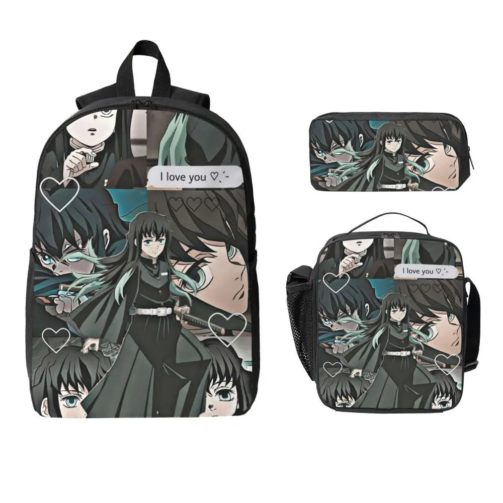 Muichiro Tokito Demon Slayer Backpack Boys Girls BookBag School Bag Laptop Shoulder Bags 3ps Insulated Lunch Bag Pencil Case