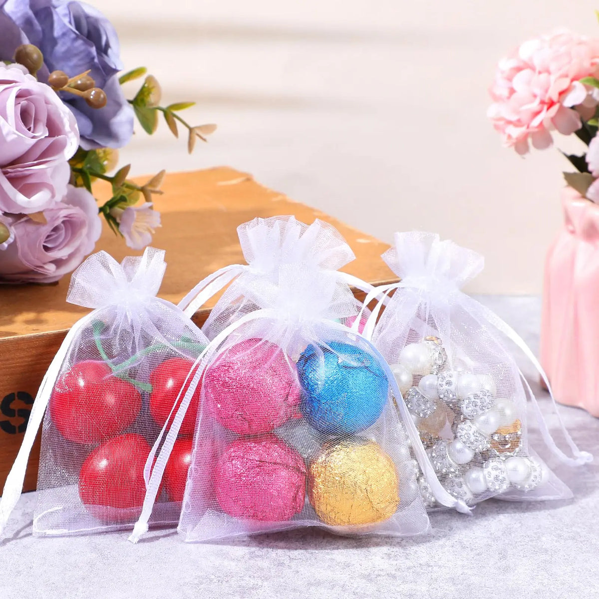 100pcs Organza Christmas Gift Bags Drawstring Jewelry Packing For Candy Jewelry Bag Packing Wedding Gift Bags Organza Bag