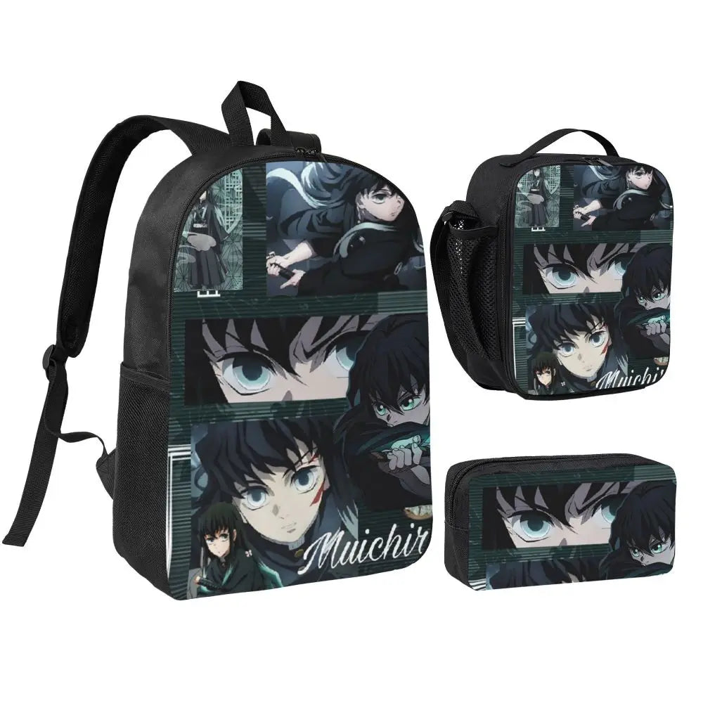 Muichiro Tokito Demon Slayer Backpack Boys Girls BookBag School Bag Laptop Shoulder Bags 3ps Insulated Lunch Bag Pencil Case