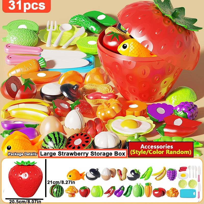 Kids Kitchen Pretend Toys Cutting Play Food Toy for Fruit Vegetables with Storage Box Early Educational Toy for Boys Girls Gifts