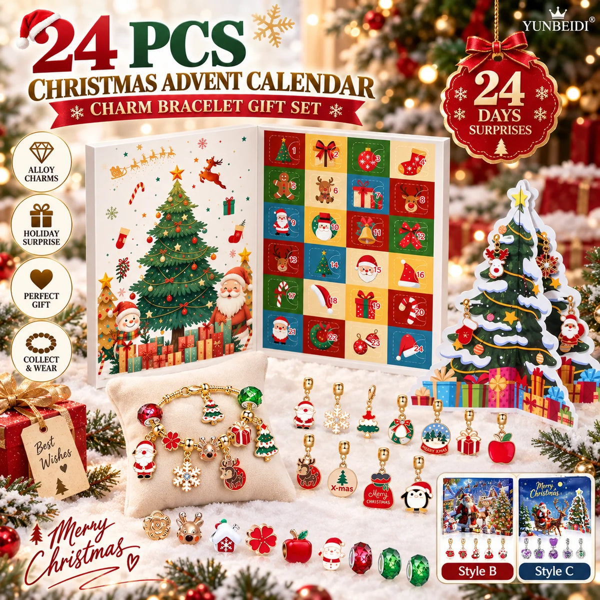 Christmas Advent Calendar 24 Grids Alloy Charm Bracelet Set Holiday Countdown Jewelry Beads Christmas New Year Surprise Gift Box