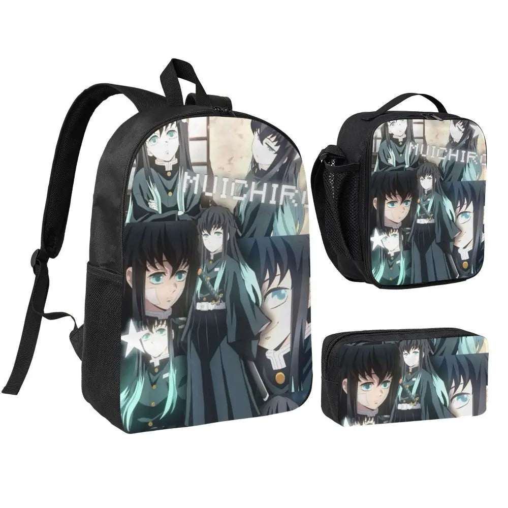 Muichiro Tokito Demon Slayer Backpack Boys Girls BookBag School Bag Laptop Shoulder Bags 3ps Insulated Lunch Bag Pencil Case
