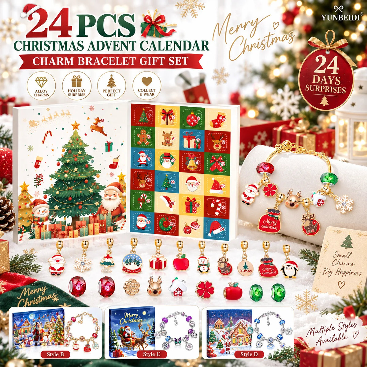 Christmas Advent Calendar 24 Grids Alloy Charm Bracelet Set Holiday Countdown Jewelry Beads Christmas New Year Surprise Gift Box
