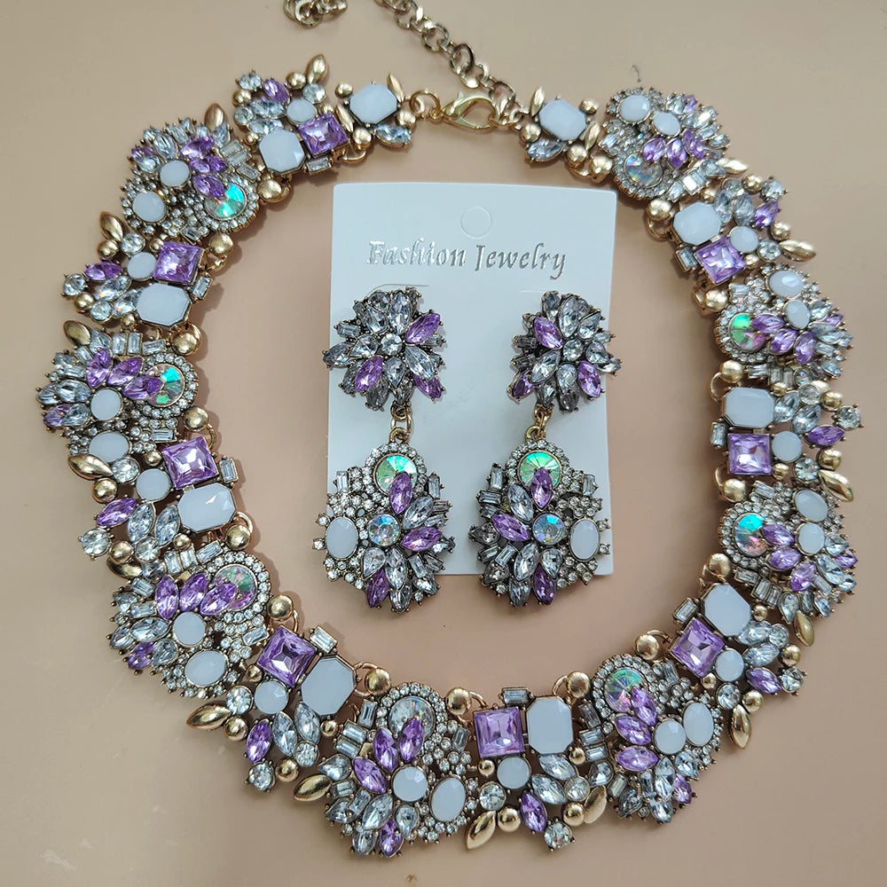 Elegant Jewellery Gifts for Her Women's Vintage Statement Earrings and Large Crystal Rhinestone Choker Necklace Jewelry Set