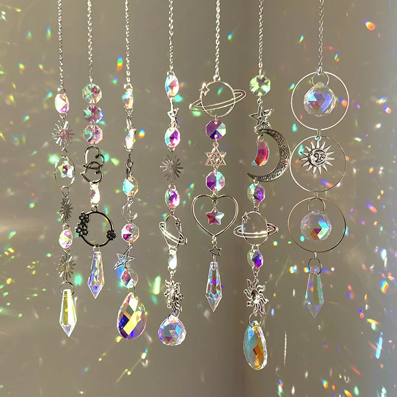 Hanging Crystal Pendant Garden Suncatcher Wind Chimes Rainbow Prism Crystal Chain for Window Drop Bell Christmas Tree Home Decor
