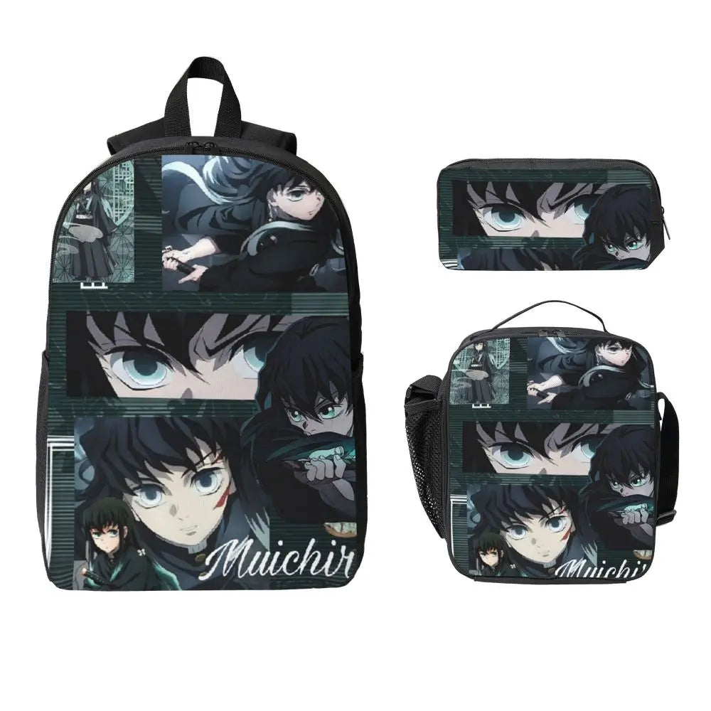 Muichiro Tokito Demon Slayer Backpack Boys Girls BookBag School Bag Laptop Shoulder Bags 3ps Insulated Lunch Bag Pencil Case