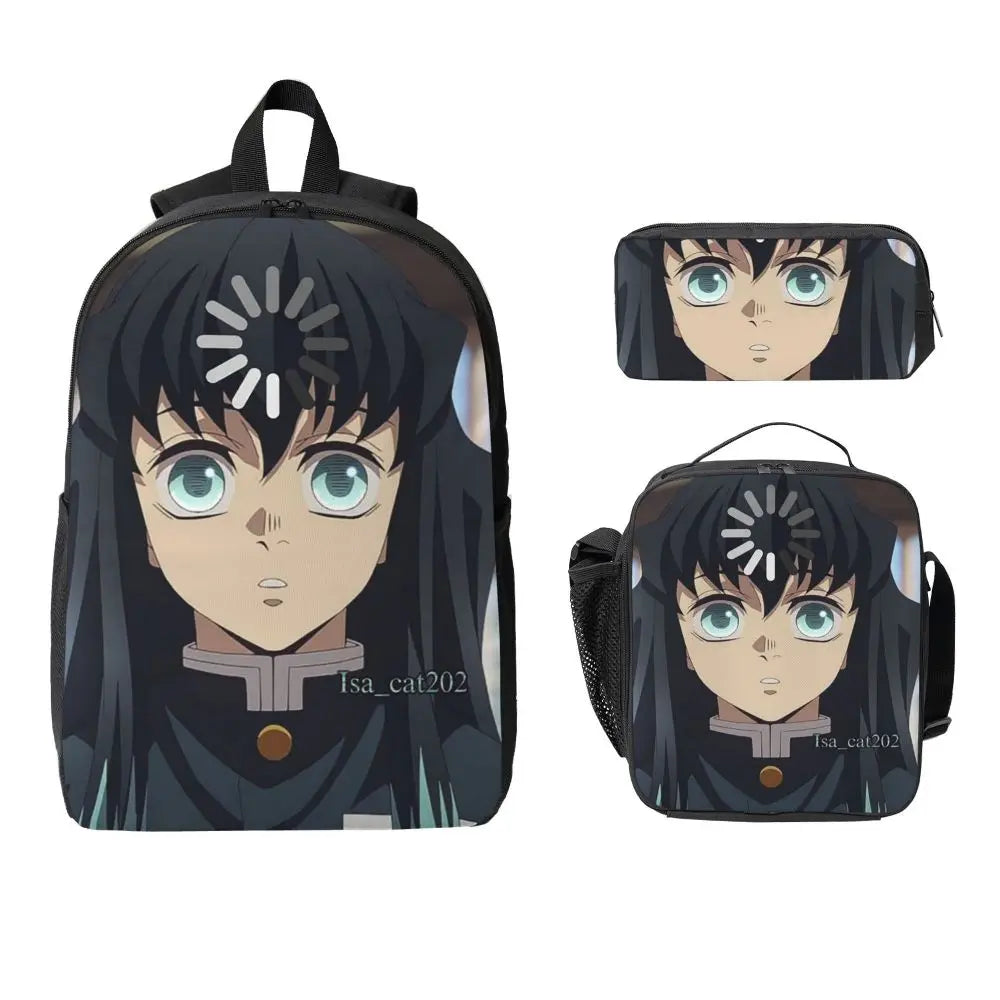 Muichiro Tokito Demon Slayer Backpack Boys Girls BookBag School Bag Laptop Shoulder Bags 3ps Insulated Lunch Bag Pencil Case