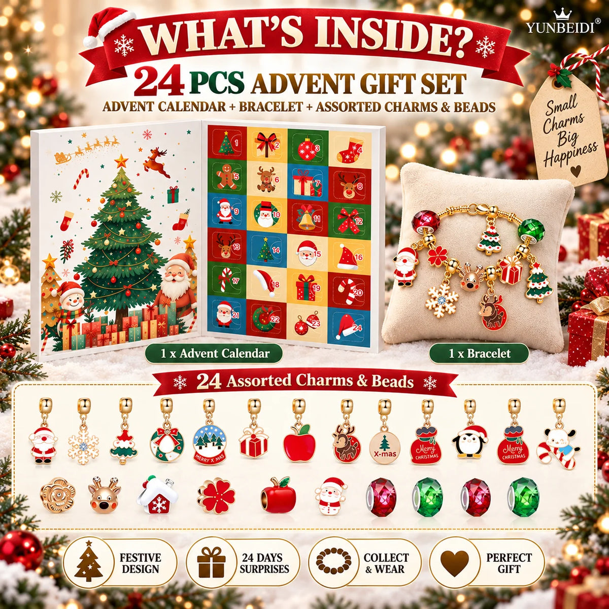 Christmas Advent Calendar 24 Grids Alloy Charm Bracelet Set Holiday Countdown Jewelry Beads Christmas New Year Surprise Gift Box