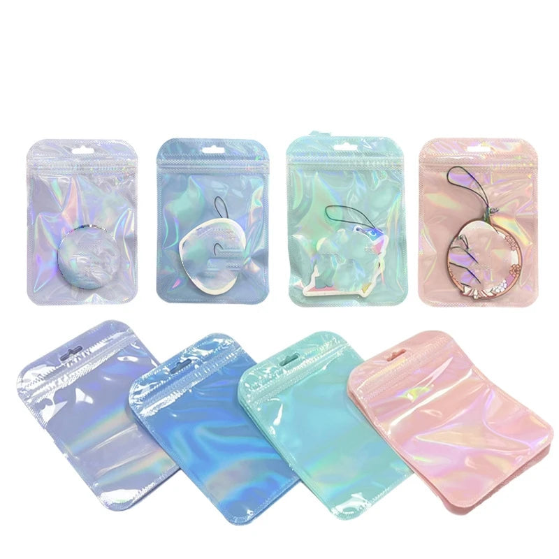 50pcs Holographic Zipper Small Jewelry Bag Pouch For Bead Earring Food Storage Small Business Entrepreneurship Packaging Display