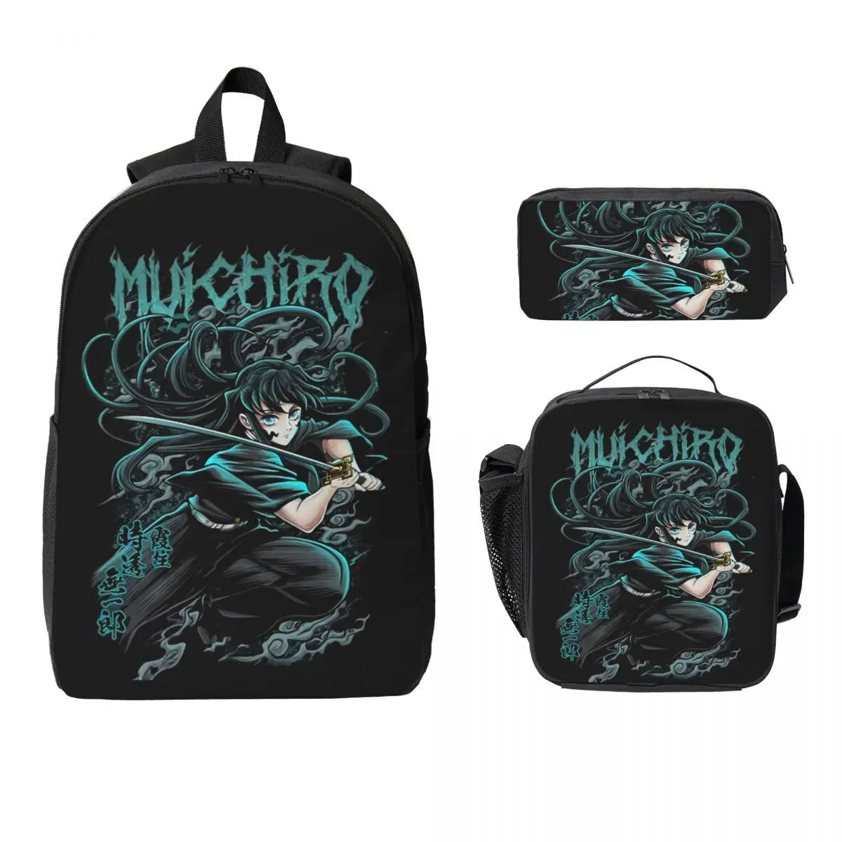 Muichiro Tokito Demon Slayer Backpack Boys Girls BookBag School Bag Laptop Shoulder Bags 3ps Insulated Lunch Bag Pencil Case